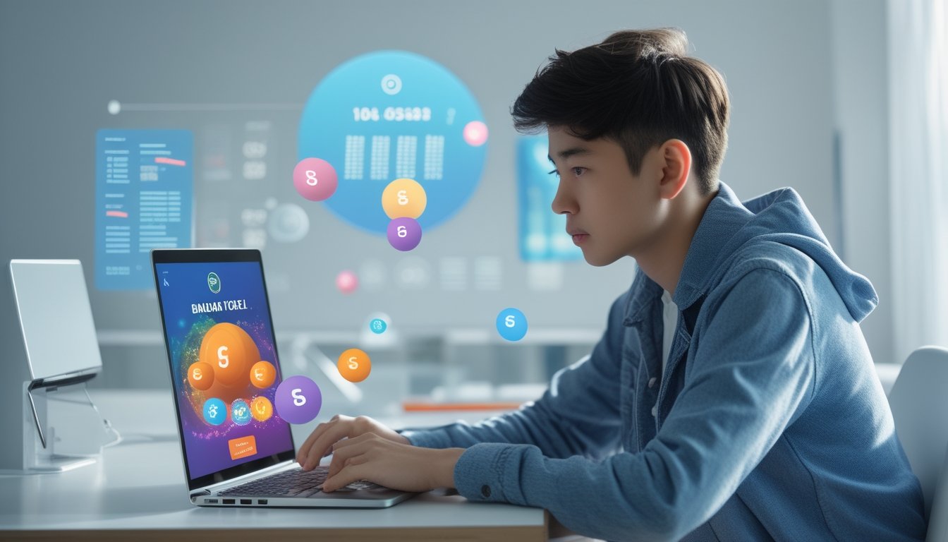 Seorang pemuda duduk di depan laptop dengan tampilan permainan Bandar Togel online, di ruang kerja yang terang dan rapi.