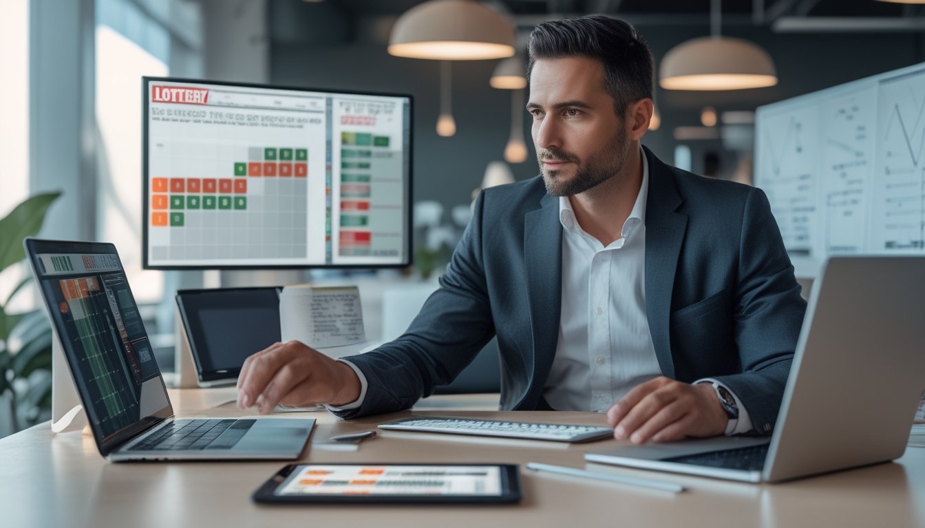 Seorang pria sedang bekerja di kantor modern dengan beberapa perangkat digital, menganalisis strategi togel dengan grafik dan catatan di sekitarnya.