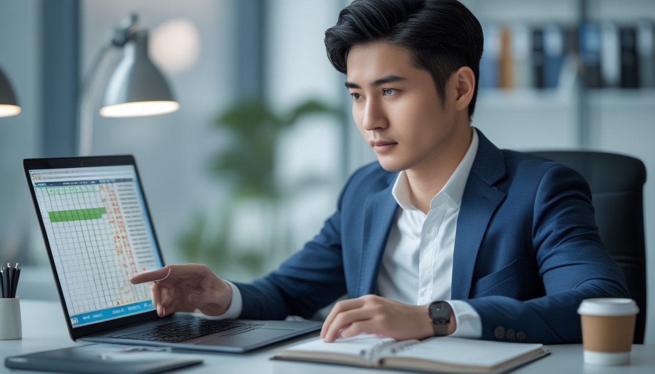 Seorang pria muda fokus duduk di meja dengan laptop, menganalisis data permainan togel di ruang kantor yang terang.