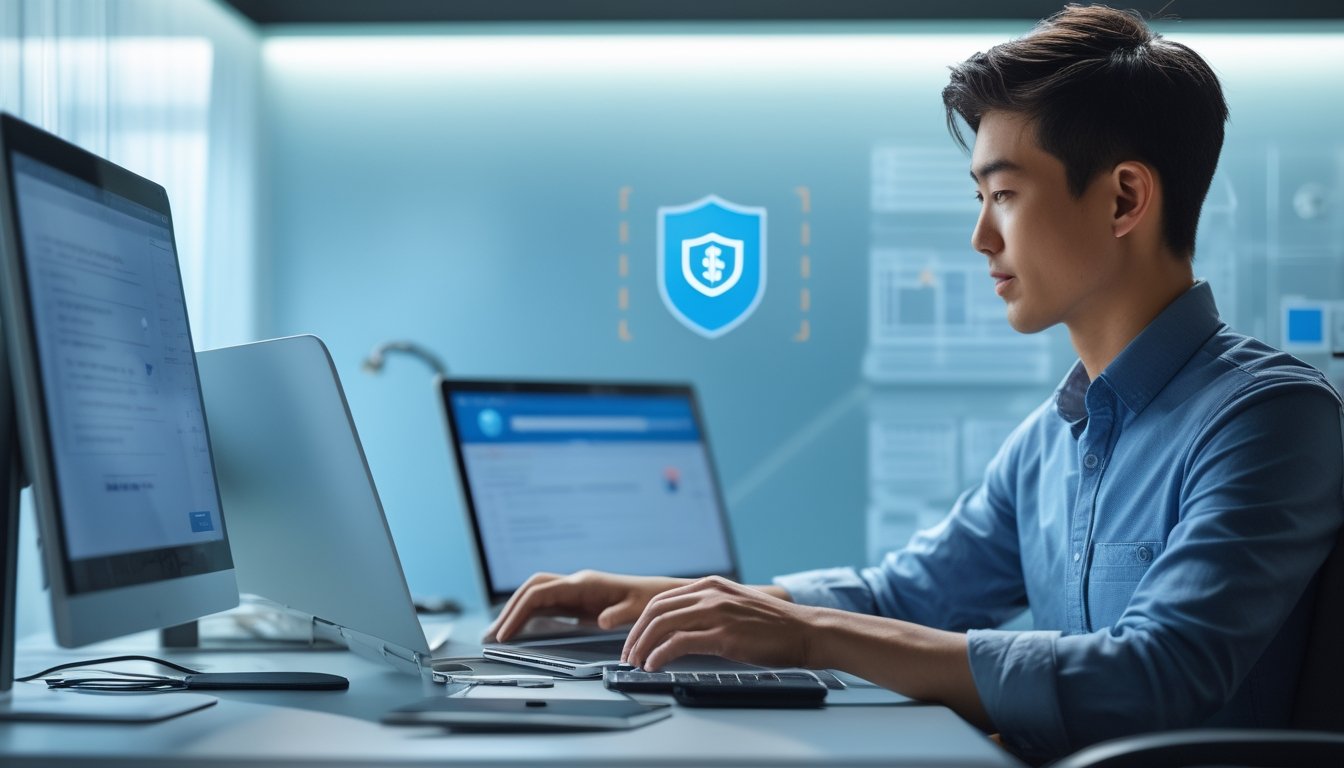 Seorang pria muda sedang menggunakan laptop dan ponsel di kantor modern dengan suasana yang aman dan profesional.