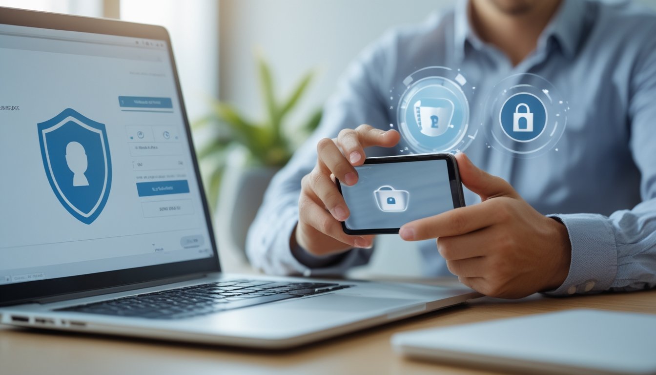 Seorang pengguna melakukan transaksi online yang aman dan cepat di laptop dan ponsel di ruang kerja modern.