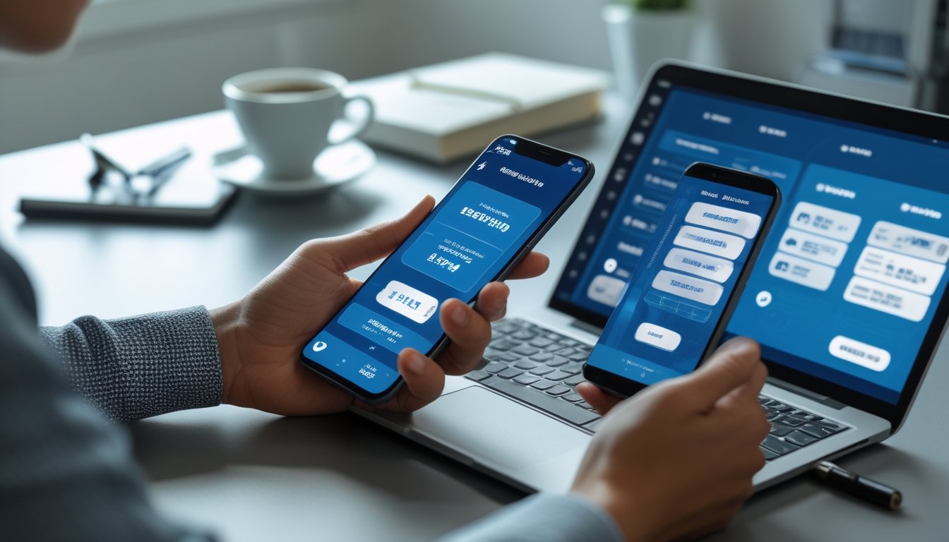Tangan seseorang menggunakan smartphone dan laptop di meja kerja untuk melakukan transaksi deposit dan withdraw secara cepat.