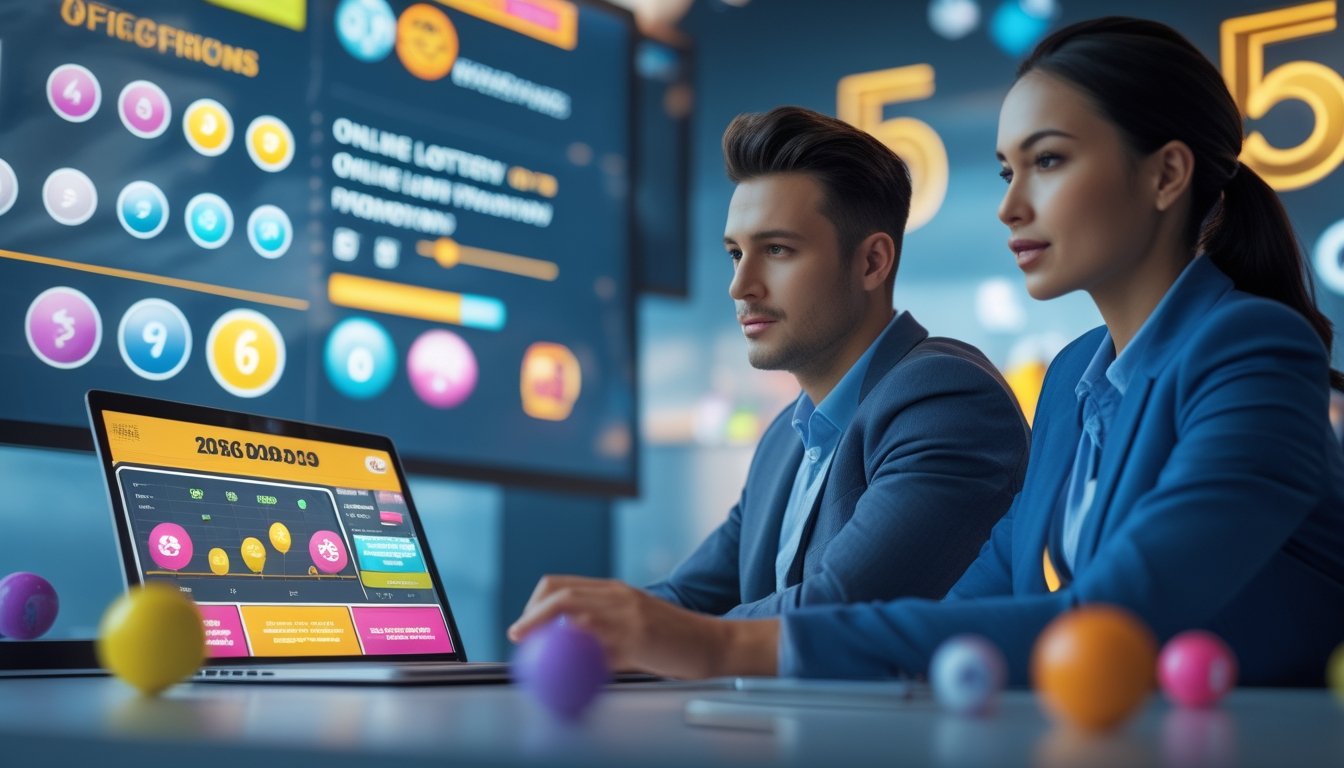 Dua orang profesional sedang berdiskusi di depan laptop dengan grafik dan ikon digital yang terkait dengan promosi dan bonus lotere online.