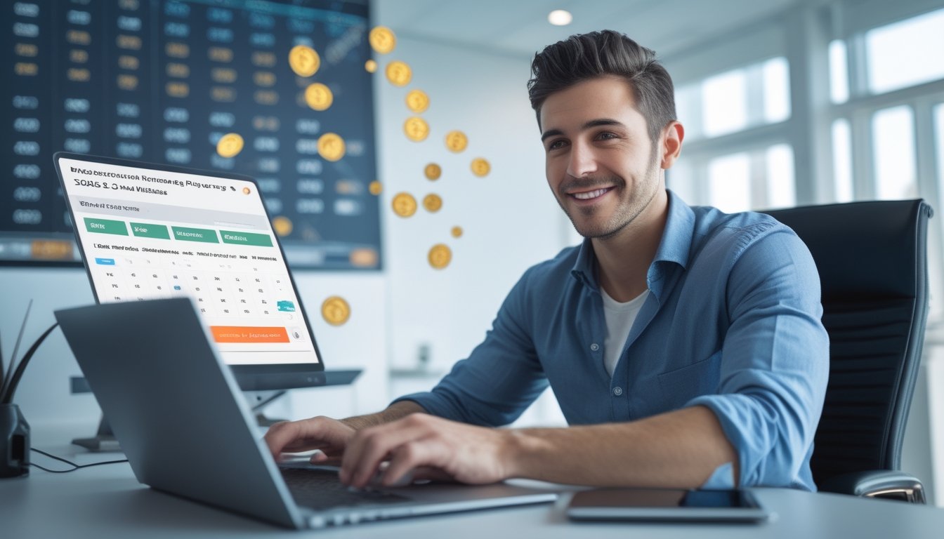 Seorang pria duduk di meja dengan laptop dan ponsel, sedang menganalisis data terkait permainan togel di kantor yang terang.
