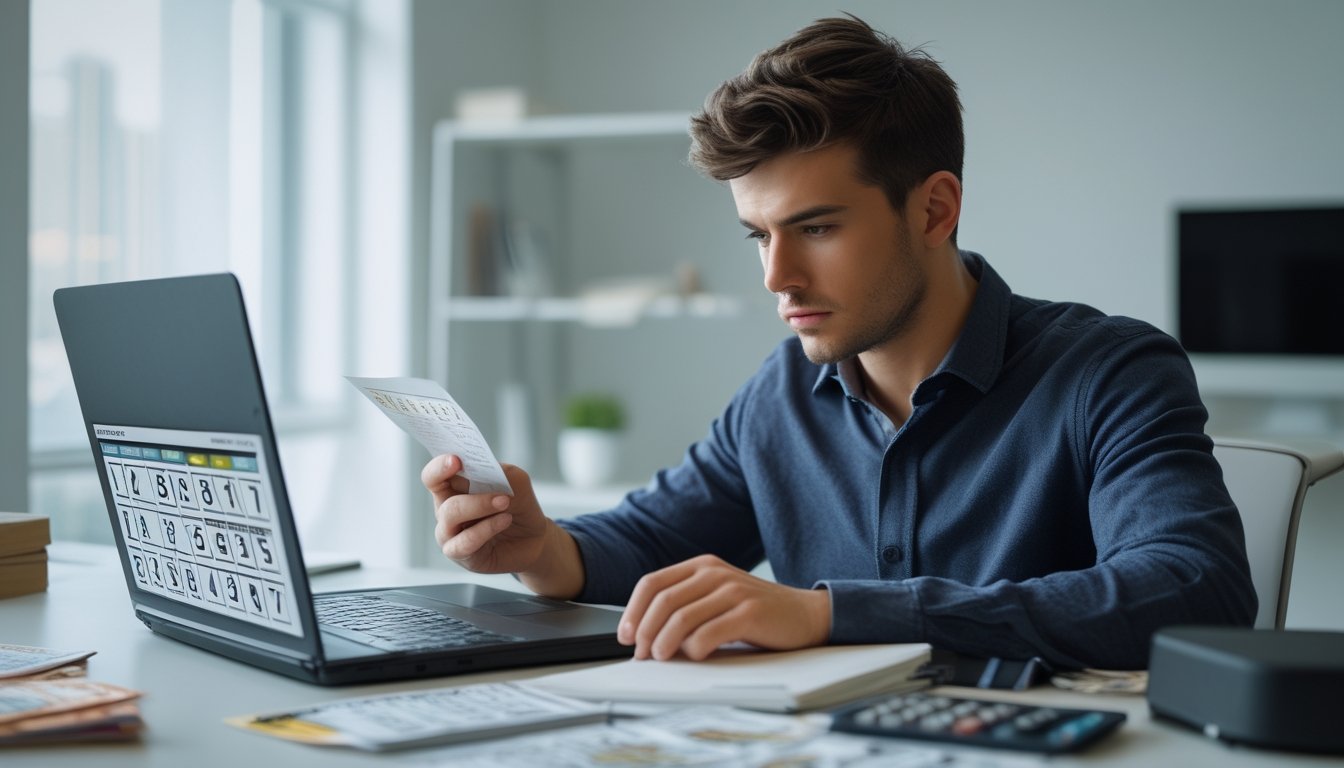 Seorang pria muda duduk di meja dengan laptop, menganalisis angka togel di kantor yang terang dan rapi.