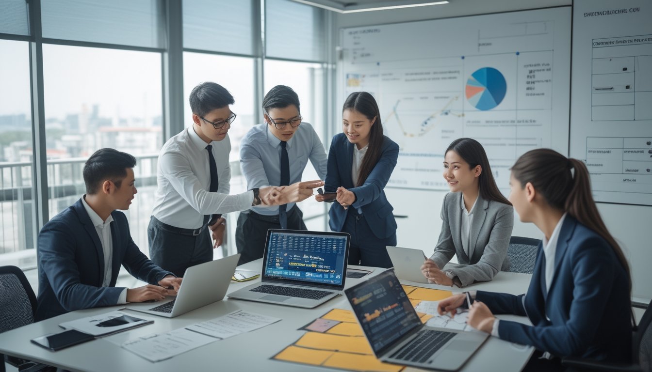Sekelompok profesional muda sedang berdiskusi serius di ruang kantor modern dengan laptop dan grafik di layar, fokus pada analisis dan strategi terkait permainan togel.