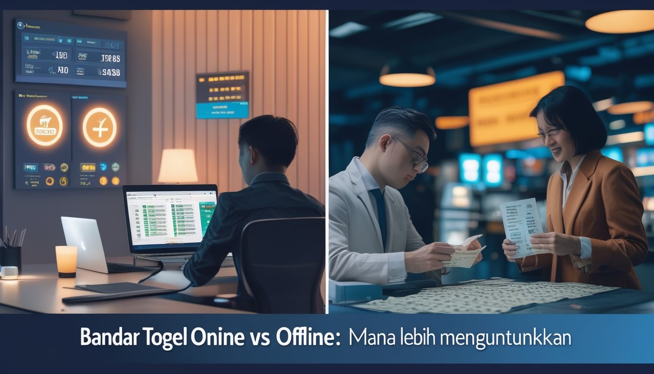 Dua orang, satu menggunakan laptop dan ponsel di kantor rumah, satu lagi berinteraksi dengan petugas di konter lotere tradisional.
