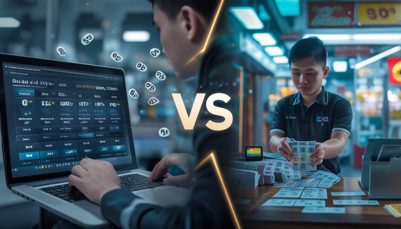 Seorang pria menggunakan laptop dan ponsel untuk taruhan togel online di sebelah kiri, dan seorang kasir menyerahkan tiket togel kepada pelanggan di sebuah toko togel tradisional di sebelah kanan.