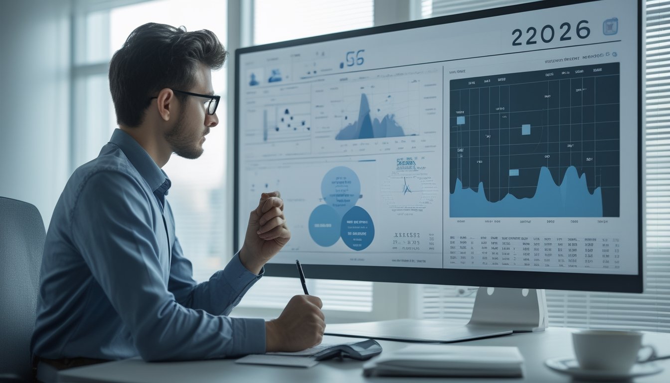 Seorang profesional sedang menganalisis data angka dan pola di depan komputer di ruang kantor yang terang dan rapi.