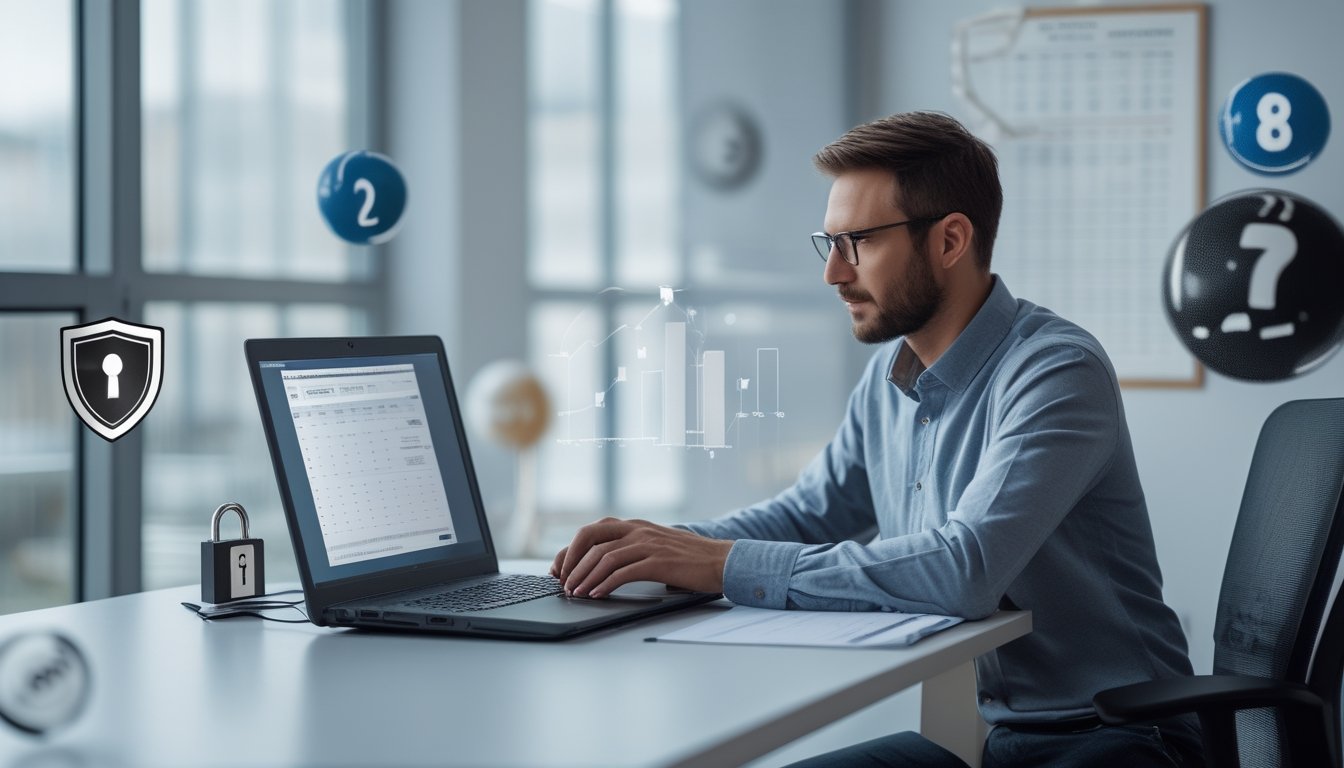 Seseorang duduk di meja kerja dengan laptop yang menampilkan platform taruhan online yang aman, di ruang kantor yang terang dan rapi.