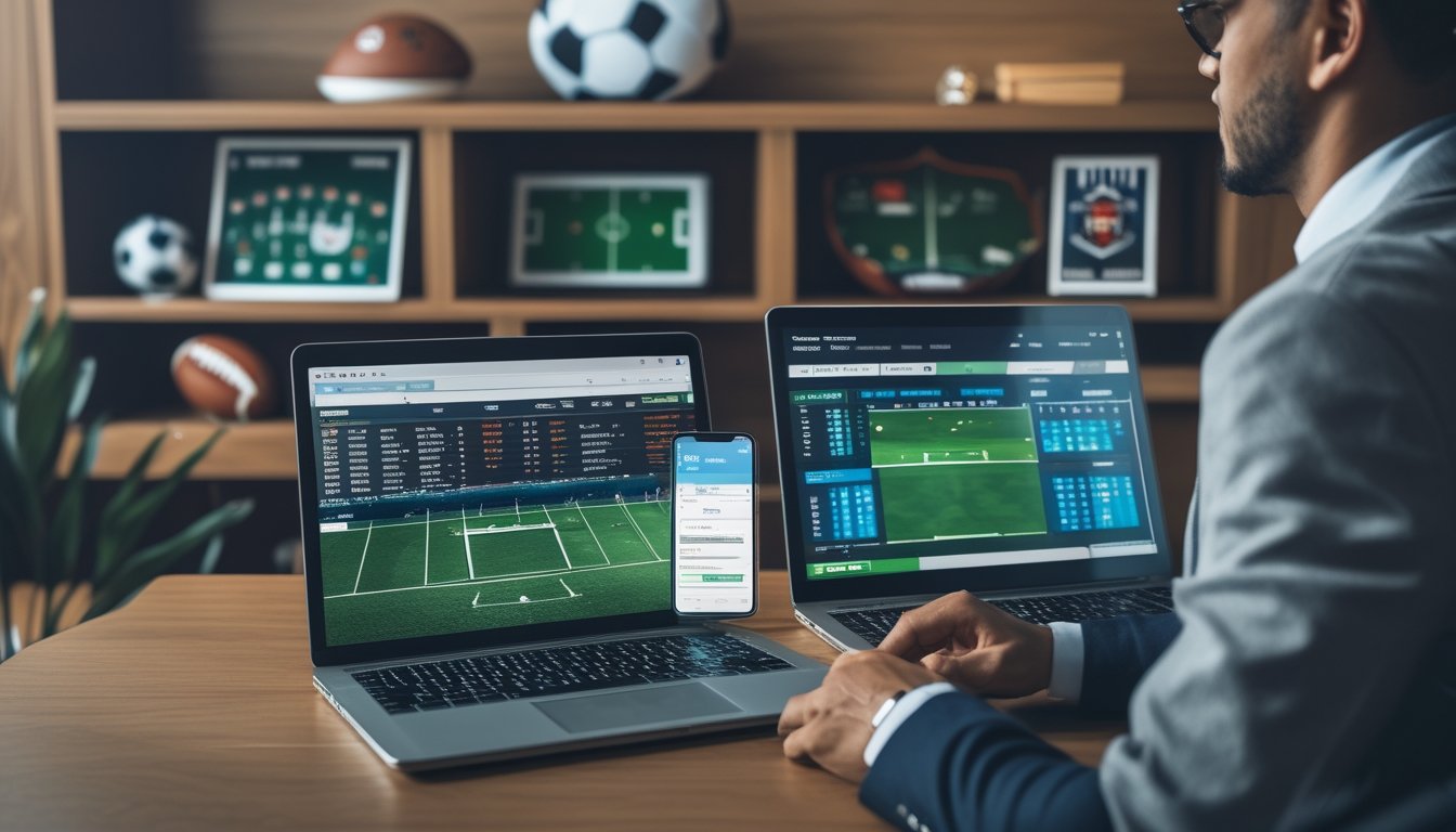 Seseorang duduk di meja dengan beberapa perangkat digital yang menampilkan statistik dan pertandingan sepak bola, terlihat sedang menganalisis data taruhan sepak bola.