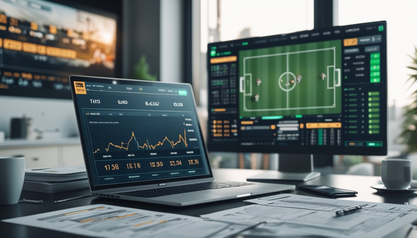 Meja kerja dengan laptop yang menampilkan statistik sepak bola, kertas dengan data tim dan pemain, dan layar besar yang menayangkan pertandingan sepak bola.
