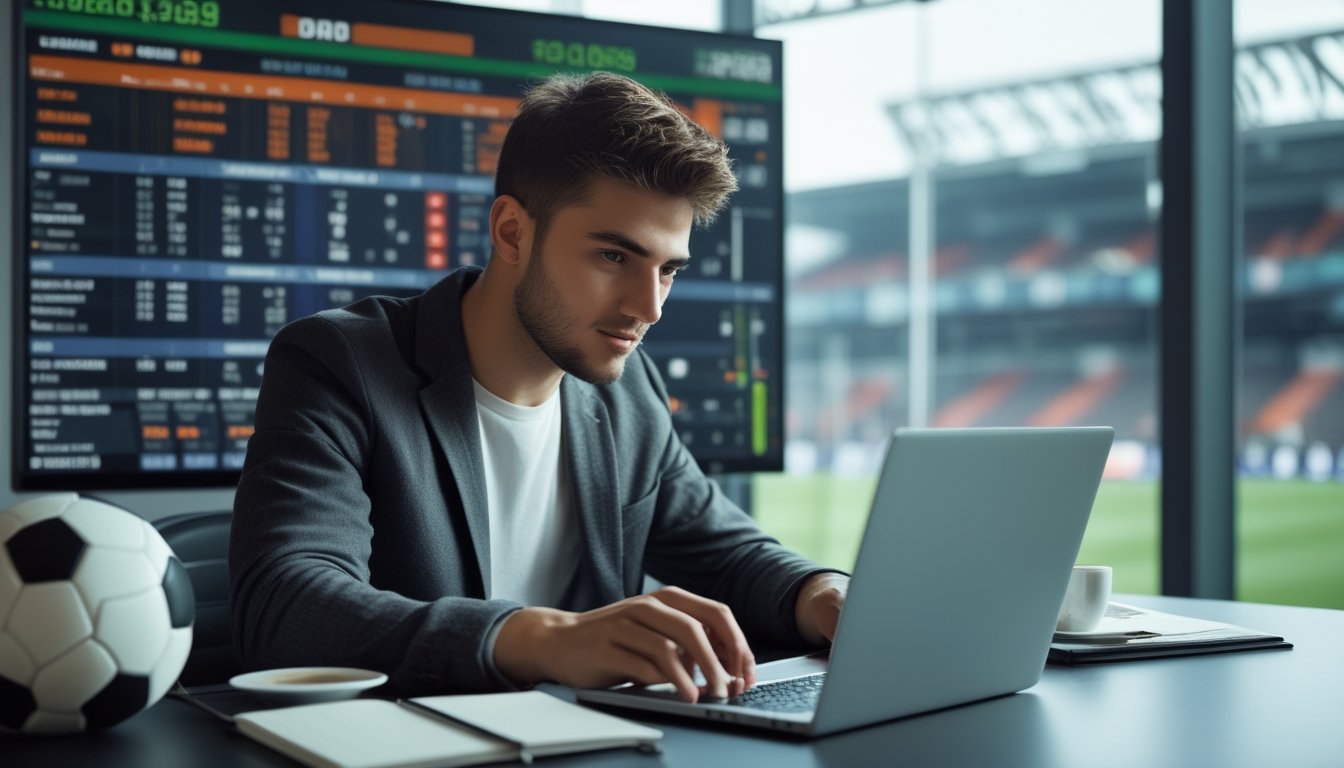 Seorang pria muda sedang menganalisis statistik sepak bola di laptop di kantor modern dengan bola sepak di meja.