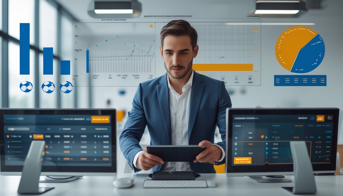 Seorang profesional bisnis sedang menganalisis data taruhan sepak bola di layar digital di kantor modern.
