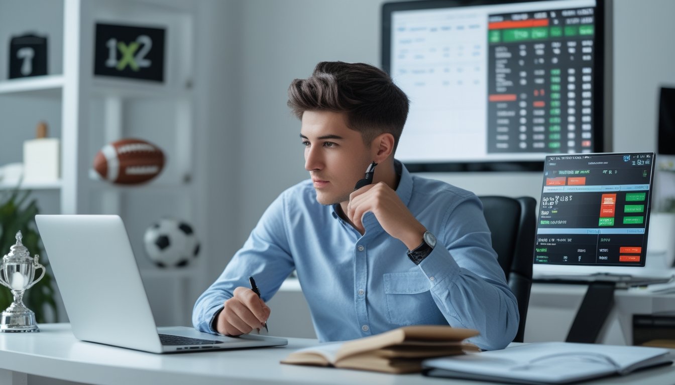 Seorang pria muda duduk di meja kerja dengan beberapa layar digital menampilkan statistik sepak bola dan grafik keuangan, sedang merencanakan strategi bermain sepak bola 1X2 online.