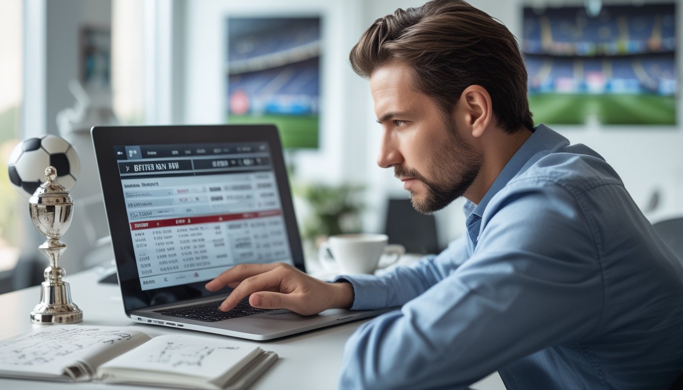 Seorang pria fokus duduk di meja dengan laptop dan tablet yang menampilkan statistik pertandingan sepak bola, sambil mencatat strategi mengelola modal dalam permainan 1X2 online.