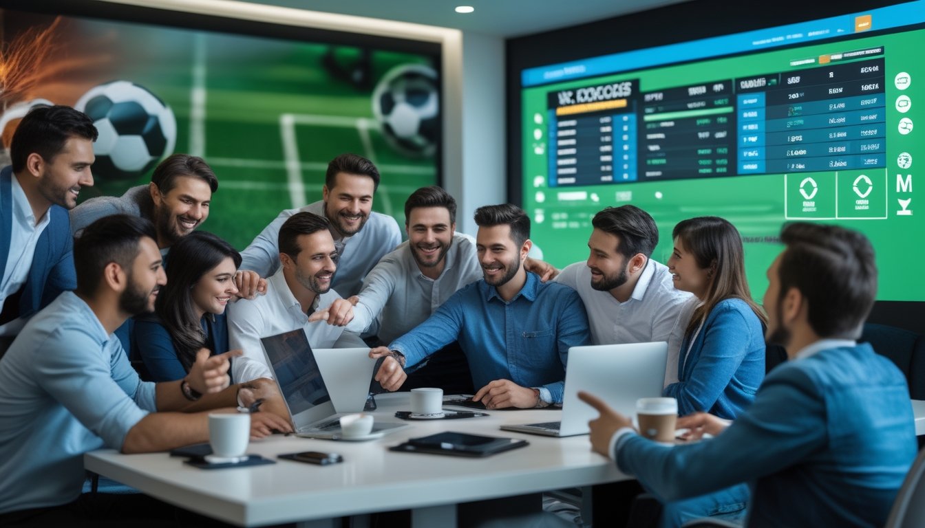 Sekelompok orang sedang berdiskusi dan melihat layar digital yang menampilkan statistik dan peluang pertandingan sepak bola dalam suasana kantor modern.