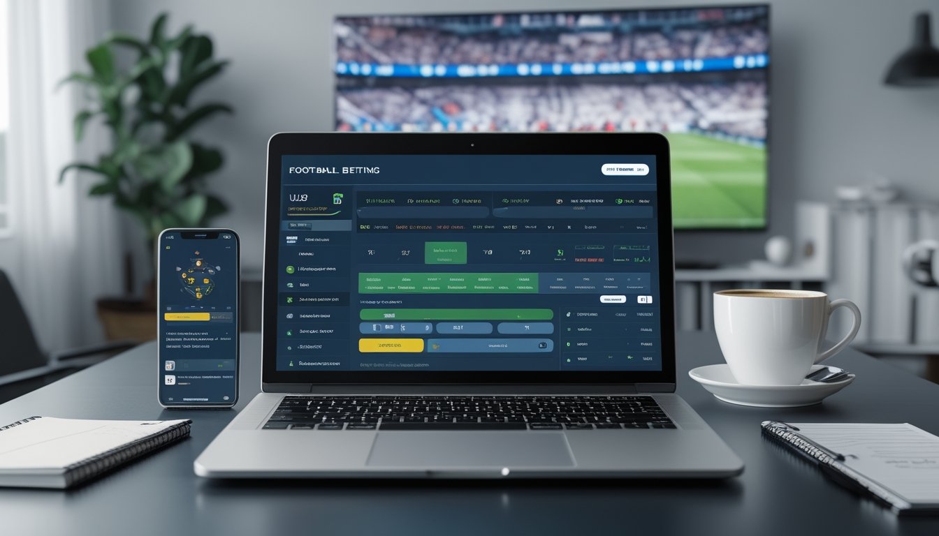 Seorang pria di meja kerja dengan laptop yang menampilkan antarmuka taruhan sepak bola, ponsel dengan aplikasi taruhan, dan layar televisi yang menayangkan pertandingan sepak bola.