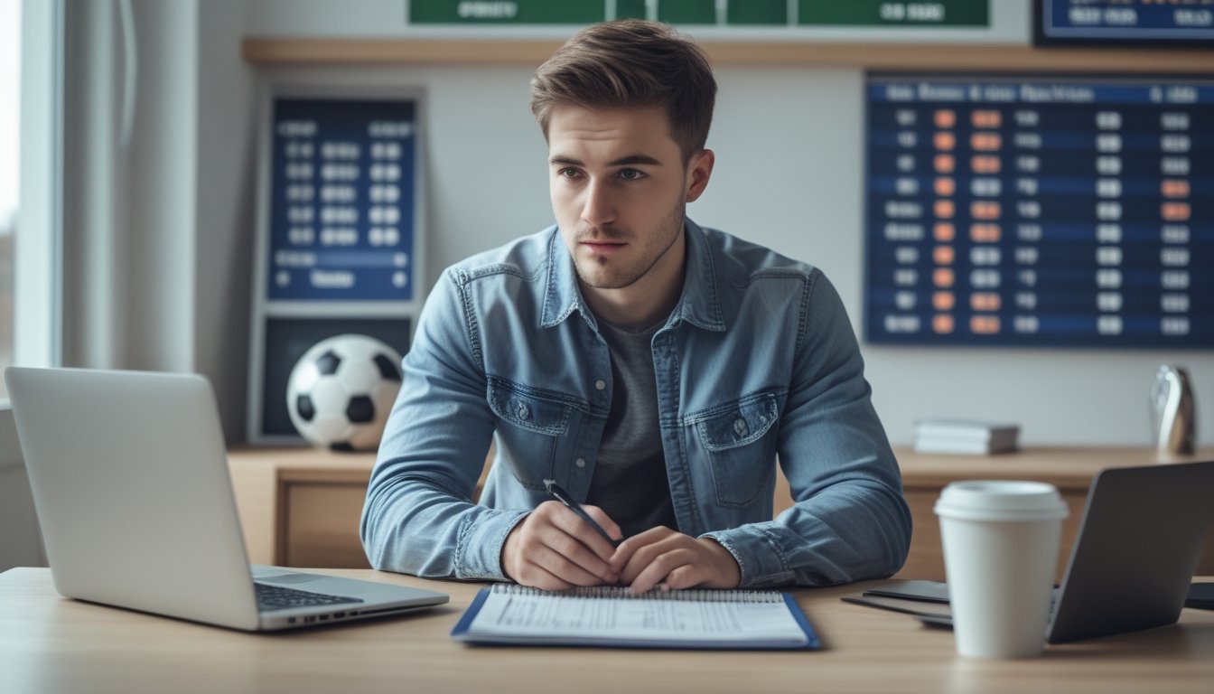 Seorang pria muda duduk di meja dengan laptop, menganalisis statistik dan peluang taruhan sepak bola sambil mencatat.