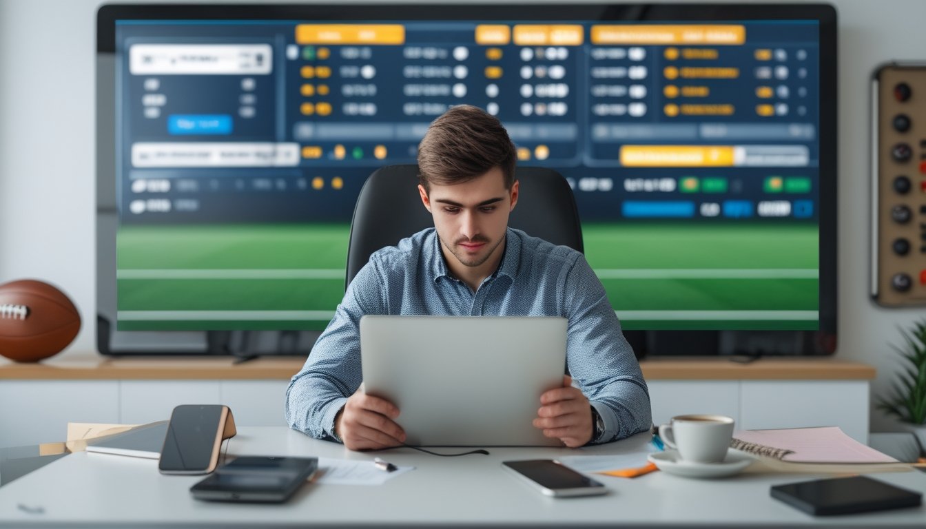 Seorang pria muda duduk di meja dengan laptop, menganalisis peluang taruhan sepak bola 1X2 dengan latar belakang layar digital yang menampilkan statistik pertandingan.