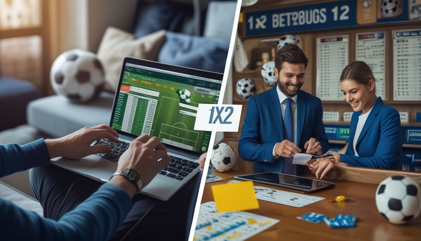 Seseorang menggunakan laptop dan ponsel untuk taruhan sepak bola online di rumah, berseberangan dengan toko taruhan sepak bola offline dengan pelanggan dan petugas yang bertransaksi.