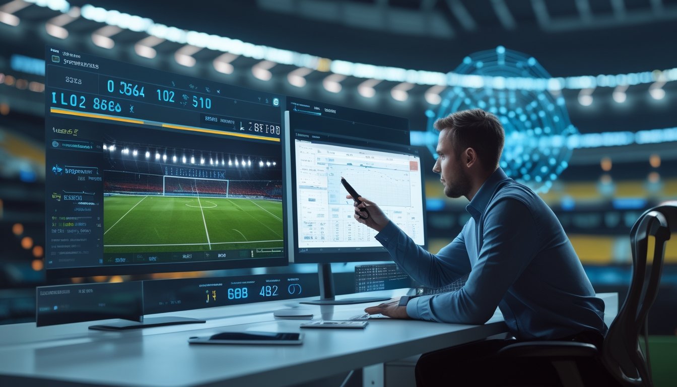 Seorang analis olahraga sedang menunjuk layar komputer yang menampilkan grafik dan statistik sepak bola, dengan latar belakang stadion sepak bola yang terang.