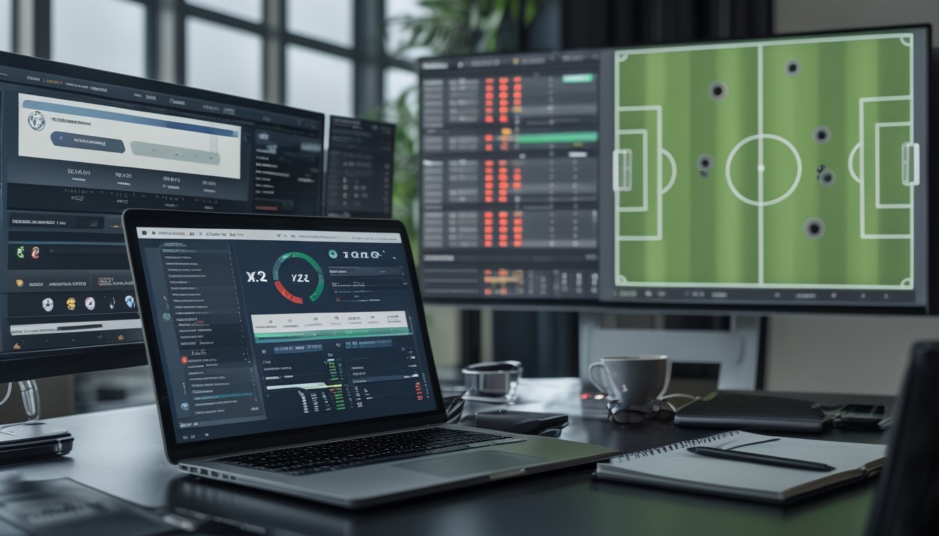 Ruang kerja modern dengan beberapa monitor yang menampilkan statistik sepak bola dan grafik prediksi skor serta peluang menang dalam analisis 1X2.