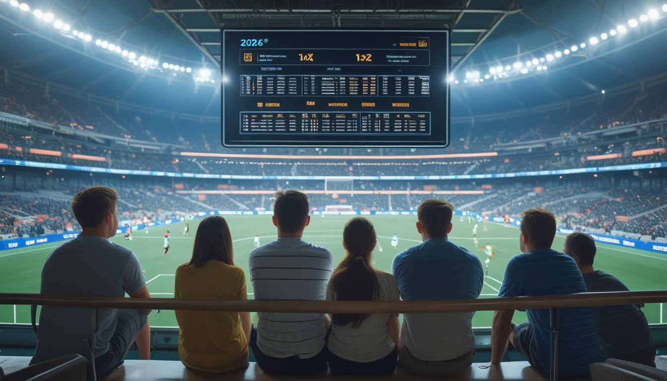 Kerumunan penonton di stadion sepak bola yang penuh semangat menyaksikan pertandingan dengan layar besar menampilkan statistik dan peluang taruhan.