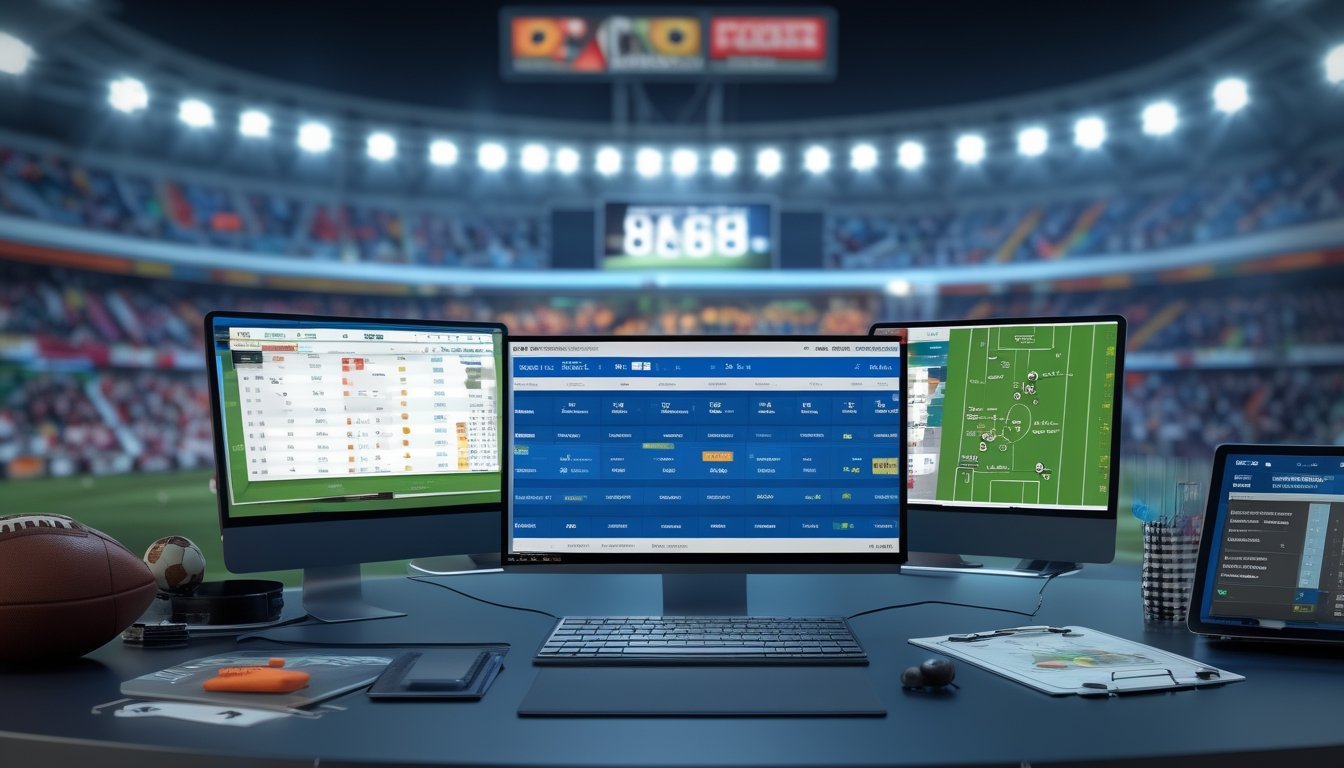 Meja kerja dengan beberapa layar digital yang menampilkan jadwal dan statistik turnamen sepak bola 2026, serta alat taruhan 1X2, dengan latar belakang stadion sepak bola yang ramai.