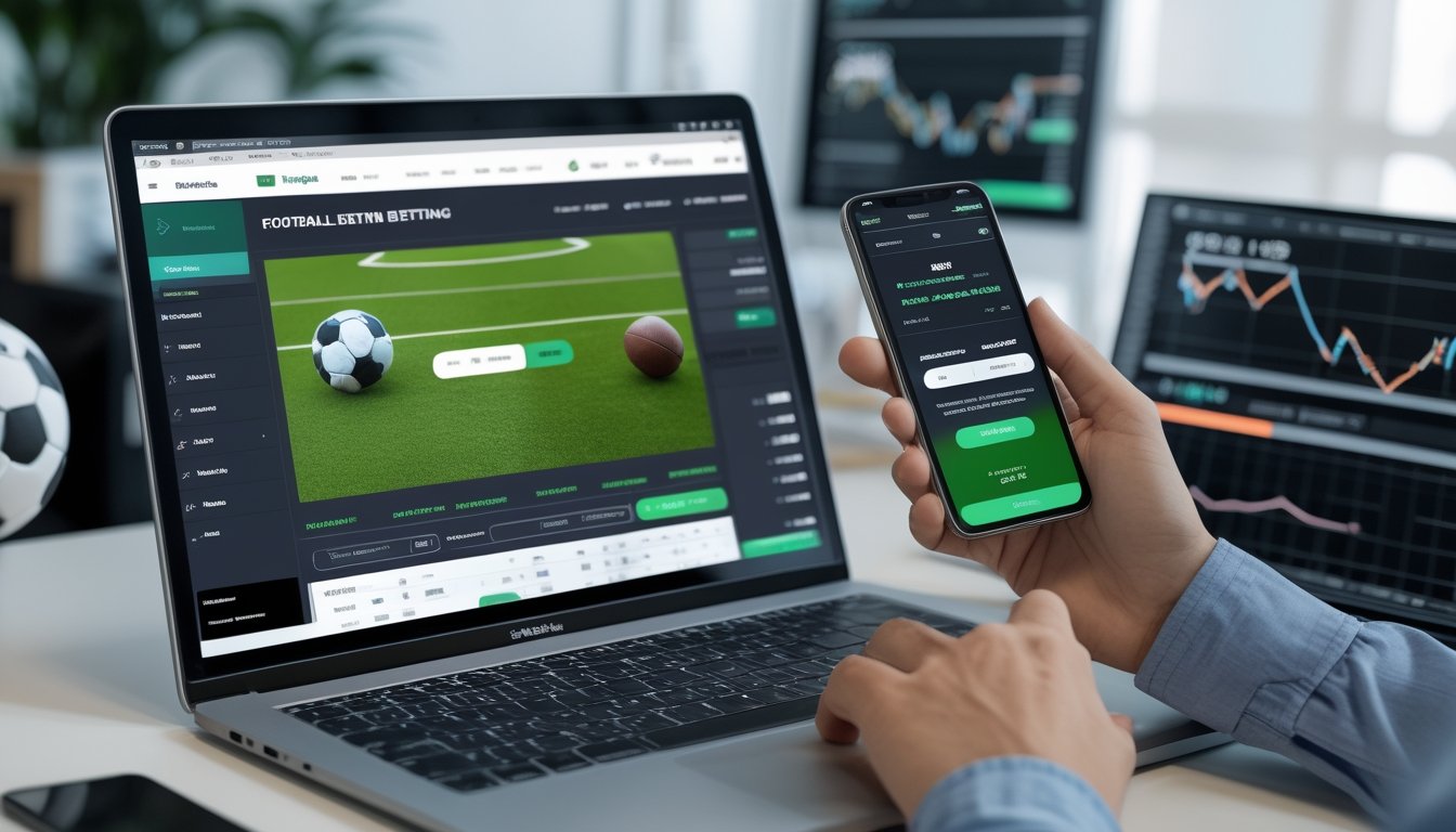 Seseorang menggunakan laptop dan ponsel untuk memasang taruhan sepak bola dengan tampilan transaksi deposit dan withdraw cepat.
