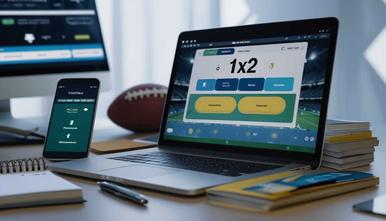 Seorang pengguna di depan laptop dengan layar menampilkan antarmuka taruhan sepak bola 1X2, dikelilingi oleh smartphone, kartu kredit, dan bola sepak di latar belakang.