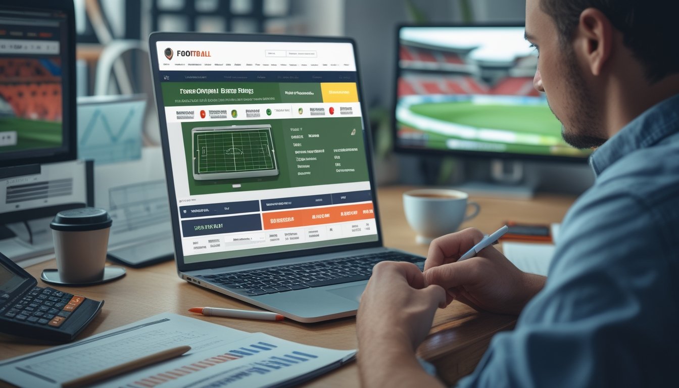 Seorang pria duduk di depan laptop dengan antarmuka taruhan sepak bola online, menganalisis data dan mencatat dengan alat tulis di meja yang rapi, dengan latar belakang layar yang menampilkan stadion sepak bola.