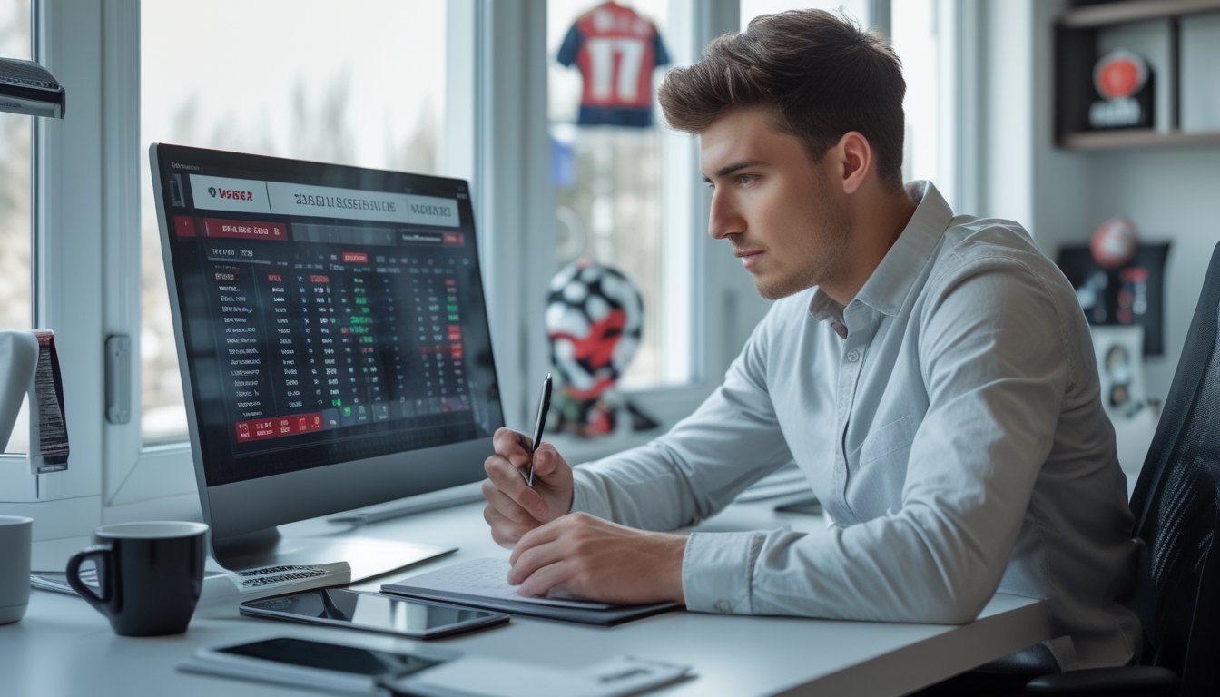Seorang pria muda duduk di meja dengan laptop, mencatat strategi taruhan sepak bola 1X2 di ruang kerja yang terang dan rapi.