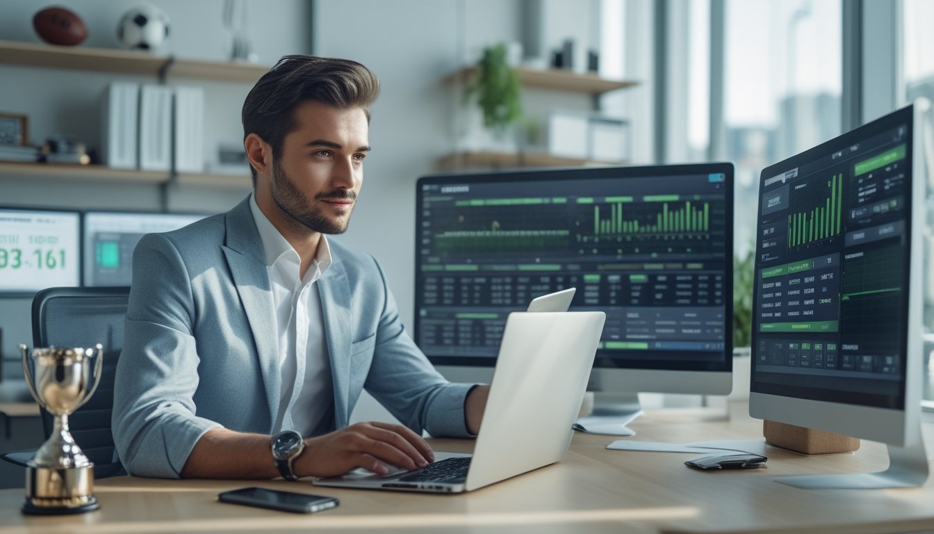 Seorang profesional sedang menganalisis data taruhan sepak bola di kantor modern dengan beberapa layar komputer dan alat kerja.