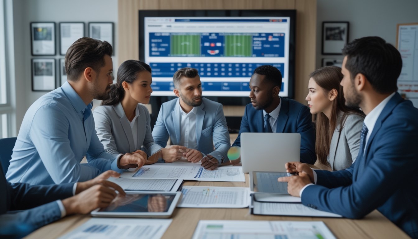 Sekelompok profesional sedang berdiskusi di kantor modern dengan layar menampilkan pertandingan sepak bola dan dokumen di meja.
