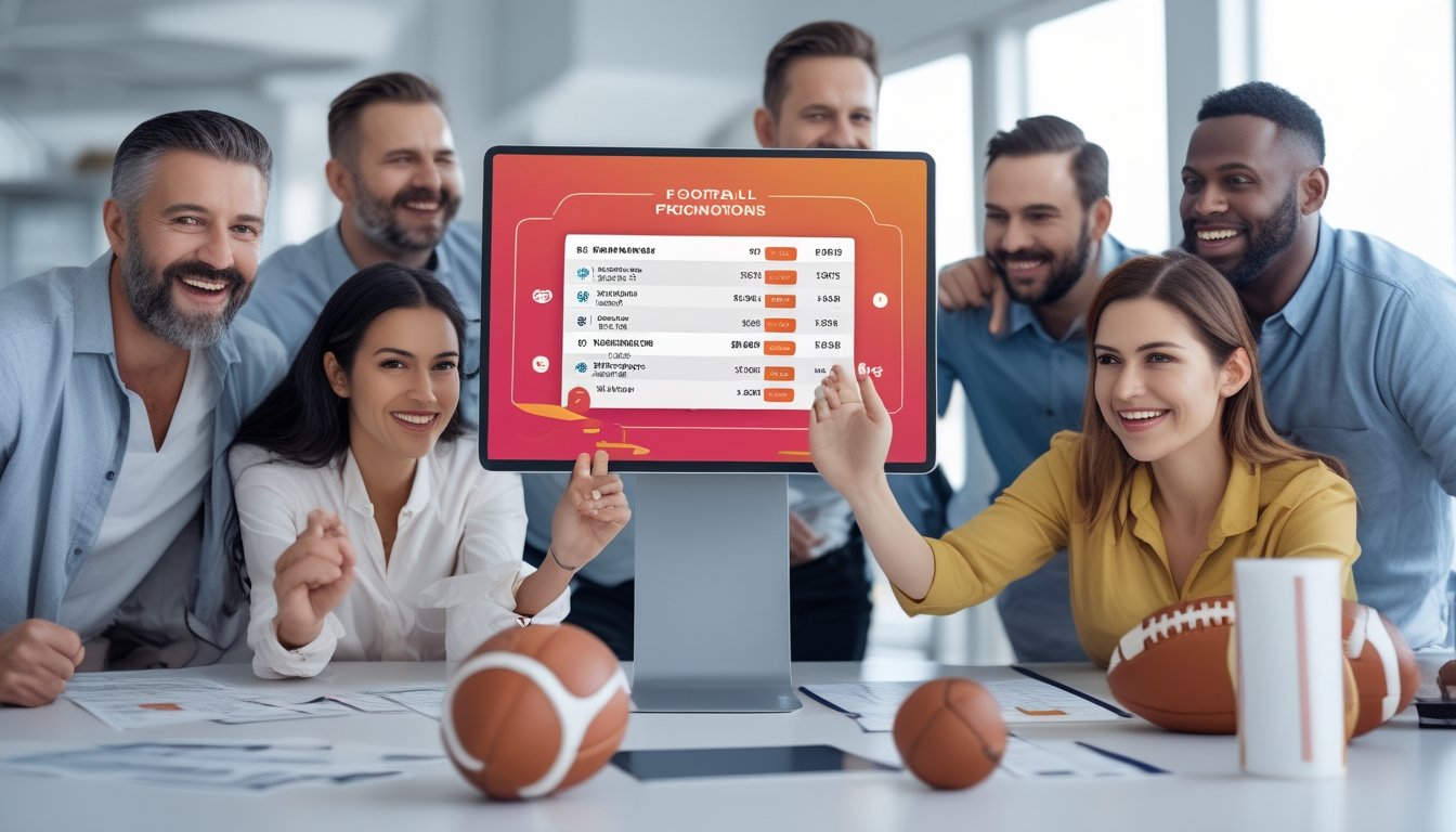 Sekelompok orang dewasa yang antusias melihat layar digital dengan statistik dan peluang taruhan sepak bola di ruangan modern.
