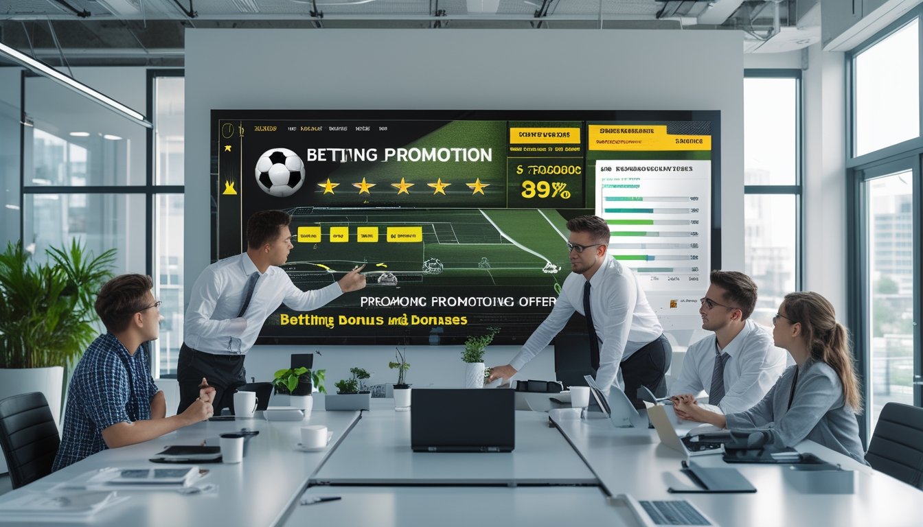 Sekelompok profesional muda sedang berdiskusi di kantor modern dengan layar digital yang menampilkan grafik sepak bola dan promosi bonus.