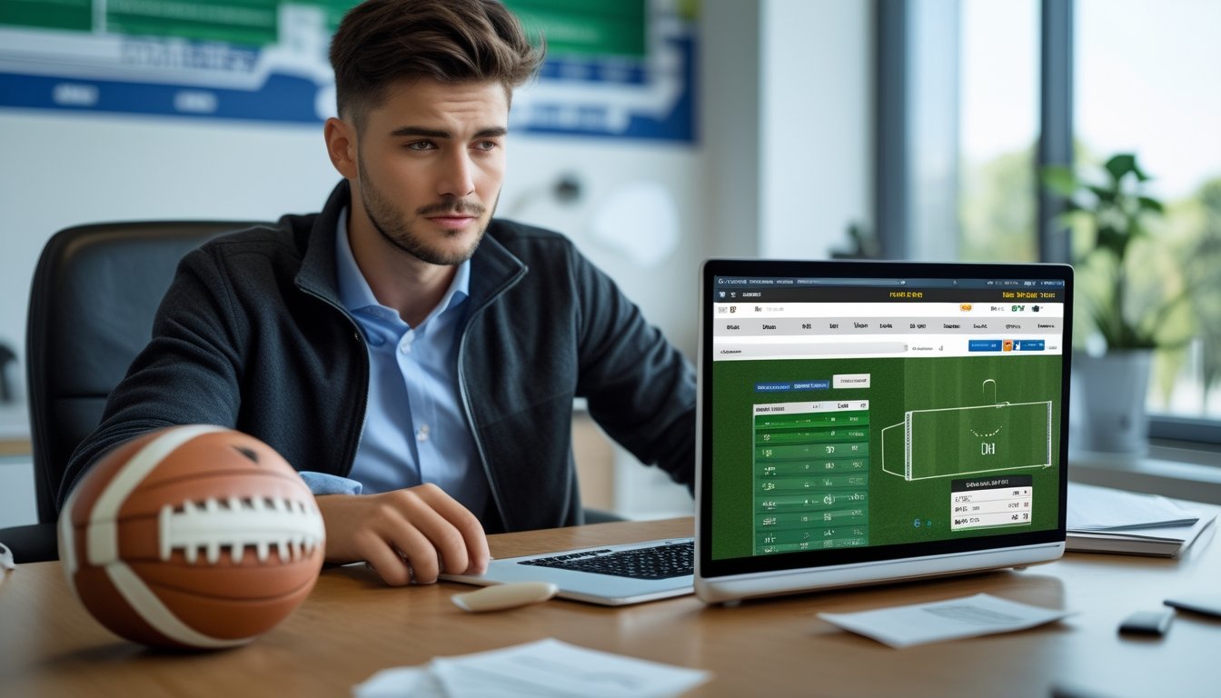 Seorang pria muda duduk di meja dengan laptop yang menampilkan situs taruhan sepak bola, terlihat fokus dan sedikit khawatir, di sekitarnya terdapat bola sepak dan papan skor digital.