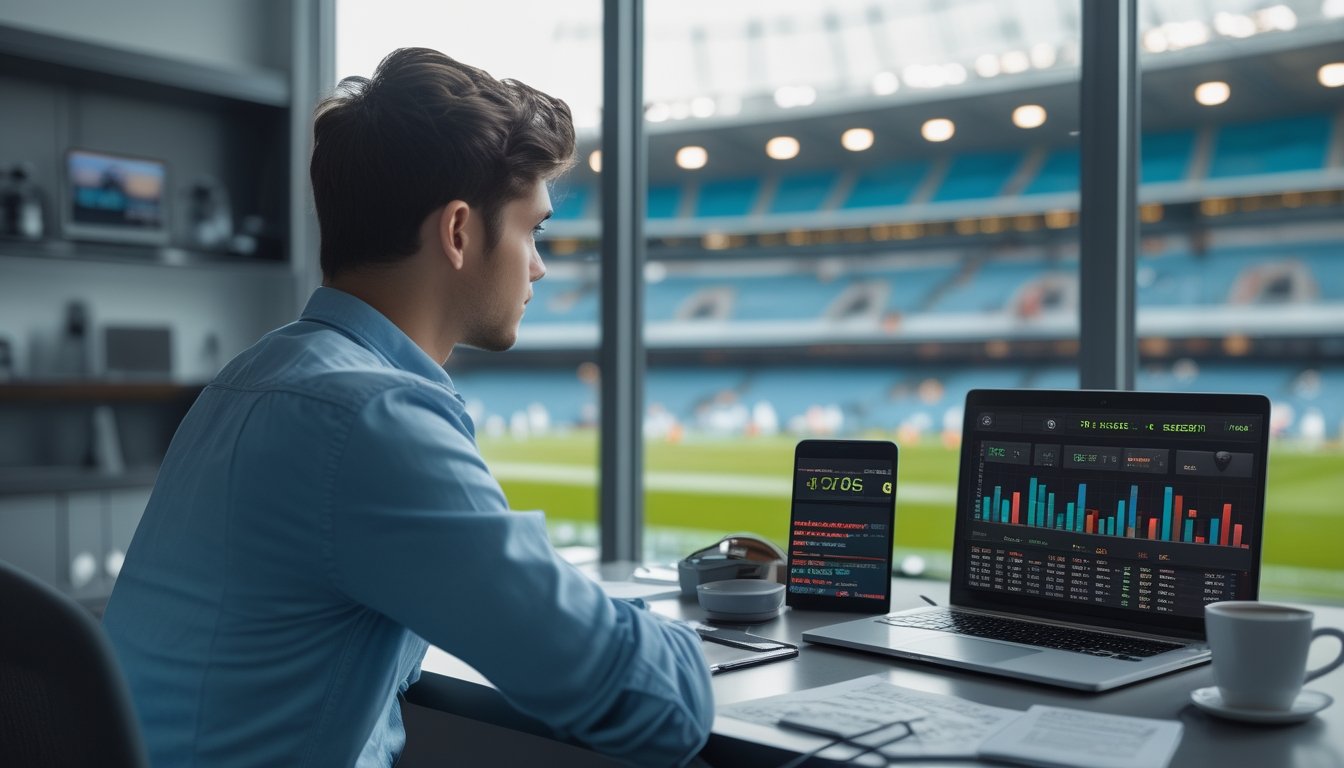 Seorang pria muda sedang duduk di meja sambil menganalisis data taruhan sepak bola 1X2 di laptop dengan latar belakang stadion sepak bola.