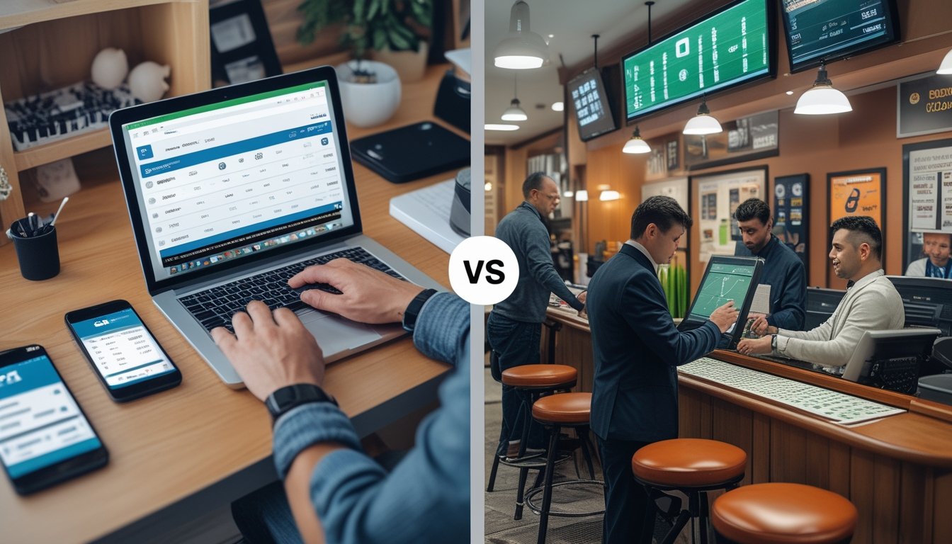Sebuah gambar yang membandingkan agen taruhan sepak bola 1X2 online dengan agen offline, menunjukkan seseorang menggunakan laptop di rumah dan suasana toko taruhan fisik dengan pelanggan dan petugas.