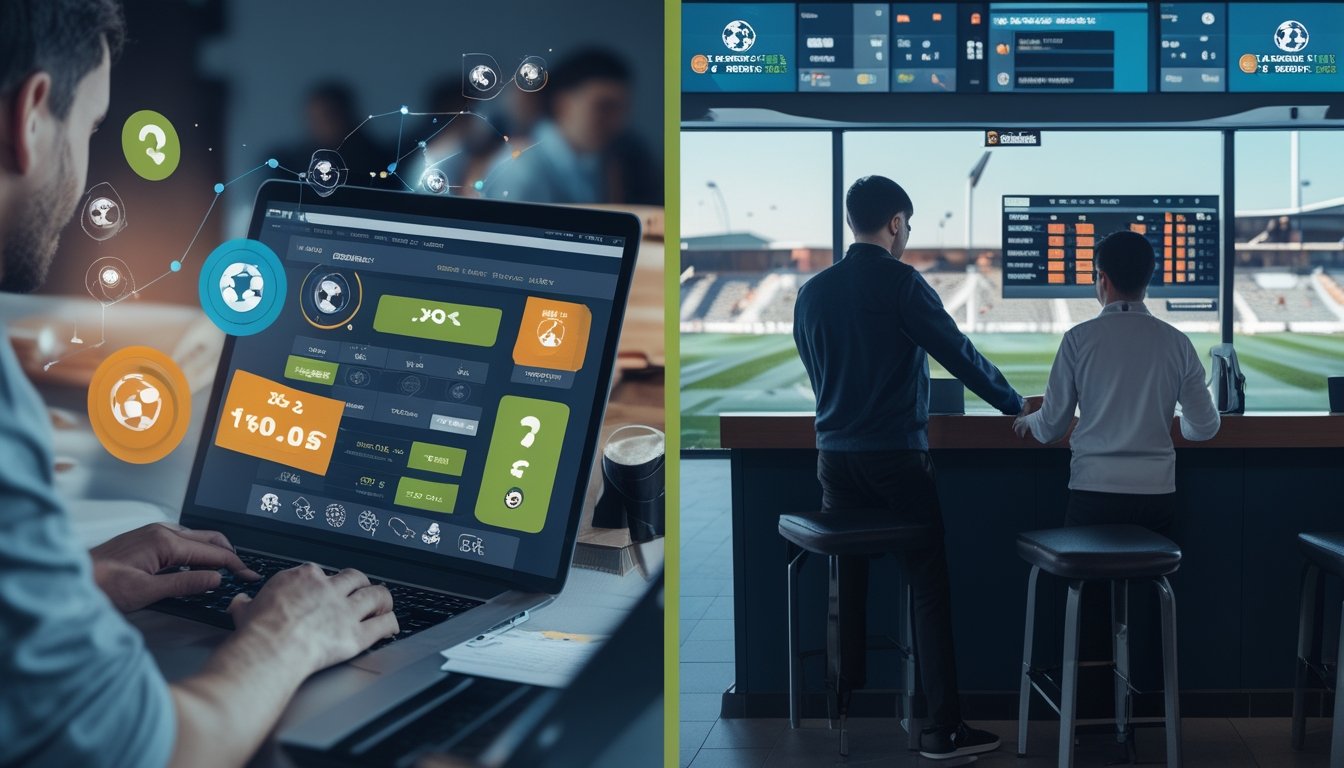 Seseorang menggunakan laptop untuk taruhan sepak bola online di rumah, bersebelahan dengan toko taruhan fisik dengan petugas melayani pelanggan.