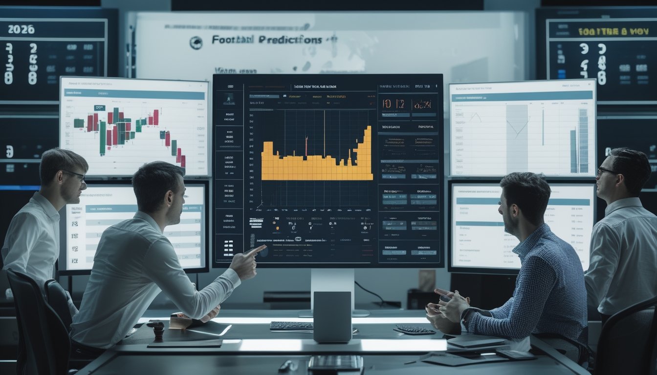 Beberapa profesional sedang menganalisis data dan prediksi skor sepak bola di ruang kerja dengan layar komputer yang menampilkan statistik dan grafik pertandingan.