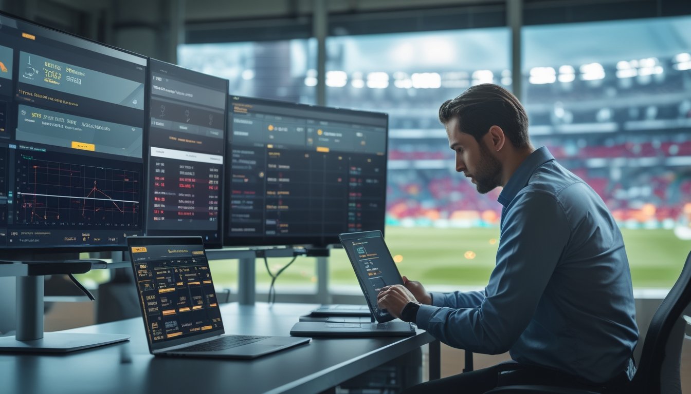 Seorang analis olahraga sedang bekerja dengan beberapa monitor menampilkan statistik dan peluang skor sepak bola di sebuah ruang kerja modern.