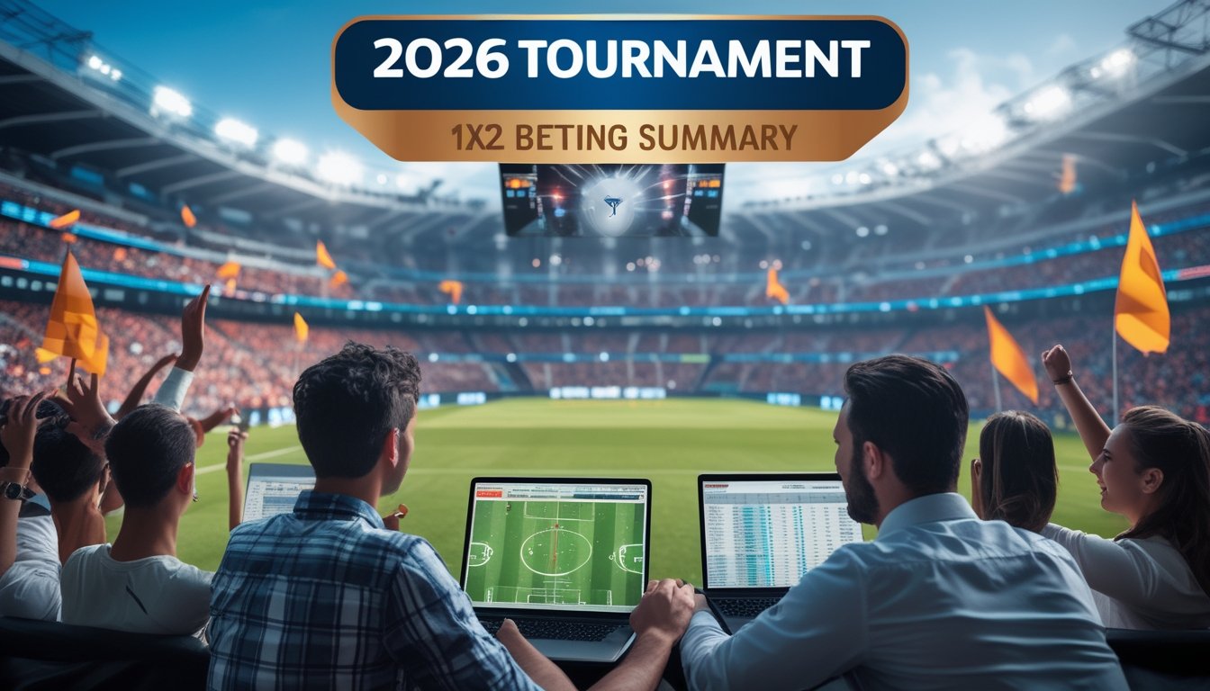 Suasana stadion sepak bola penuh penonton yang antusias dengan beberapa orang yang sedang menganalisis data pertandingan menggunakan tablet dan laptop.