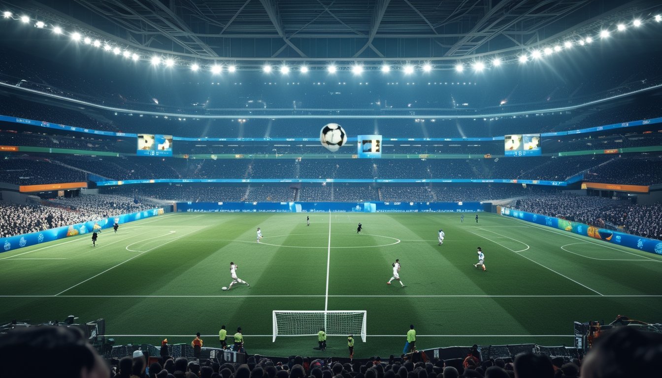 Suasana pertandingan sepak bola di stadion besar dengan pemain yang sedang berlaga dan penonton yang antusias.
