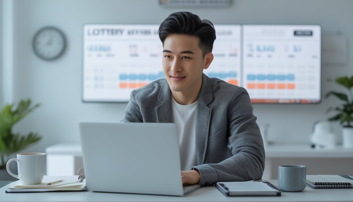 Seorang dewasa muda duduk di meja dengan laptop terbuka, fokus bermain permainan angka online dengan suasana kerja yang rapi dan terang.