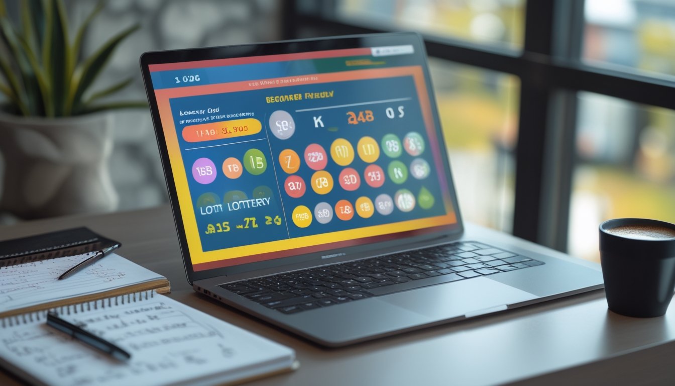 Meja kerja dengan laptop yang menampilkan situs togel online, buku catatan, pulpen, dan secangkir kopi di dekat jendela dengan cahaya alami.