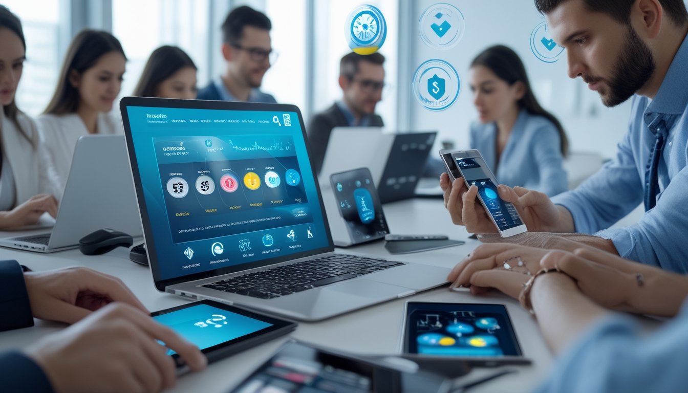 Sekelompok profesional muda sedang menggunakan perangkat digital untuk memeriksa situs togel online dengan suasana kantor yang modern dan terang.