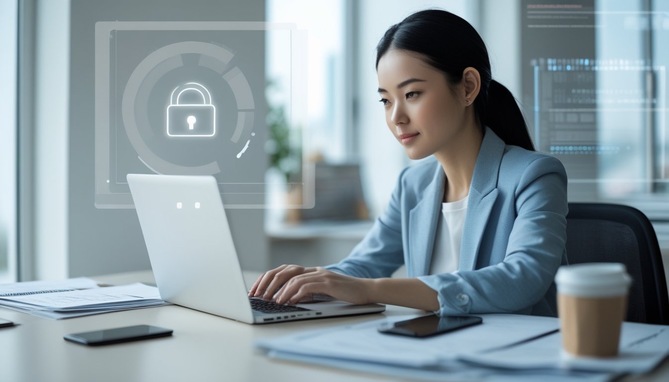 Seorang wanita muda duduk di meja kantor modern sambil menggunakan laptop dengan ekspresi fokus, di sekitarnya terdapat dokumen dan ponsel.