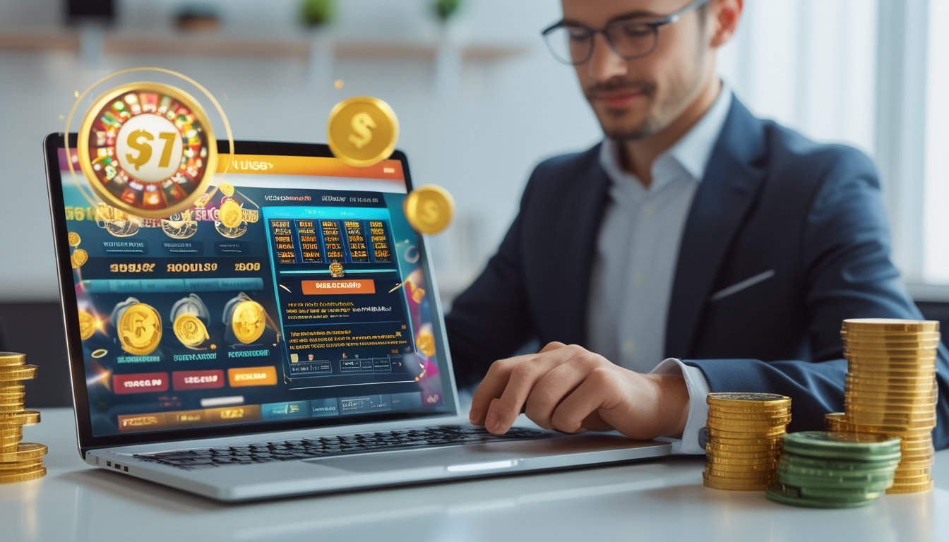 Seorang profesional menggunakan laptop di meja kerja dengan simbol koin emas dan ikon jackpot, menggambarkan promosi dan bonus togel online terpercaya yang menguntungkan.